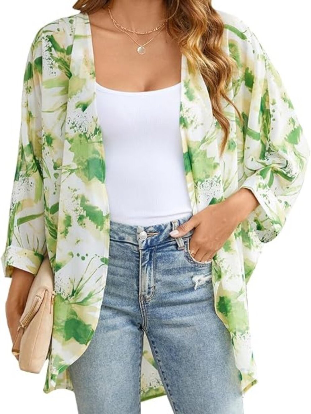 Women's Floral Print Sheer Chiffon 3/4 Cuffed Bat Sleeve Kimono Size XXL